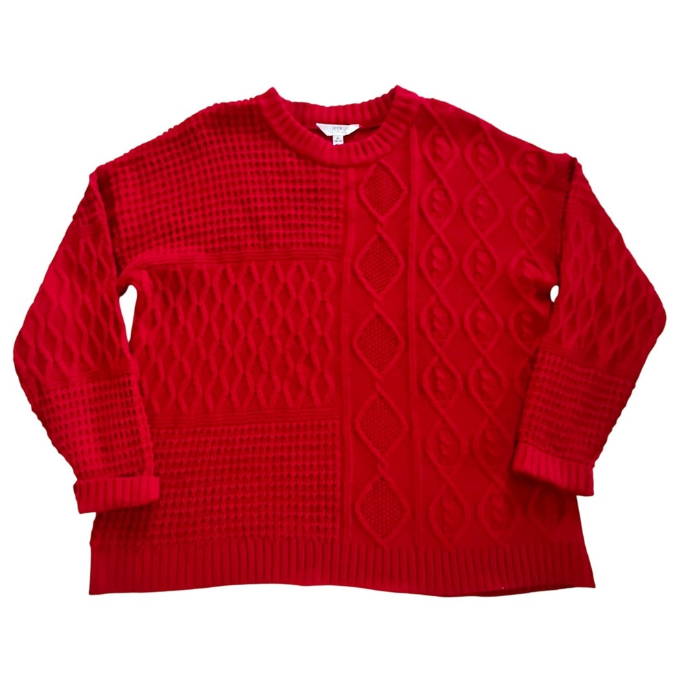 Womens Red Patchwork Cable Knit Texture Sweater X… - image 2